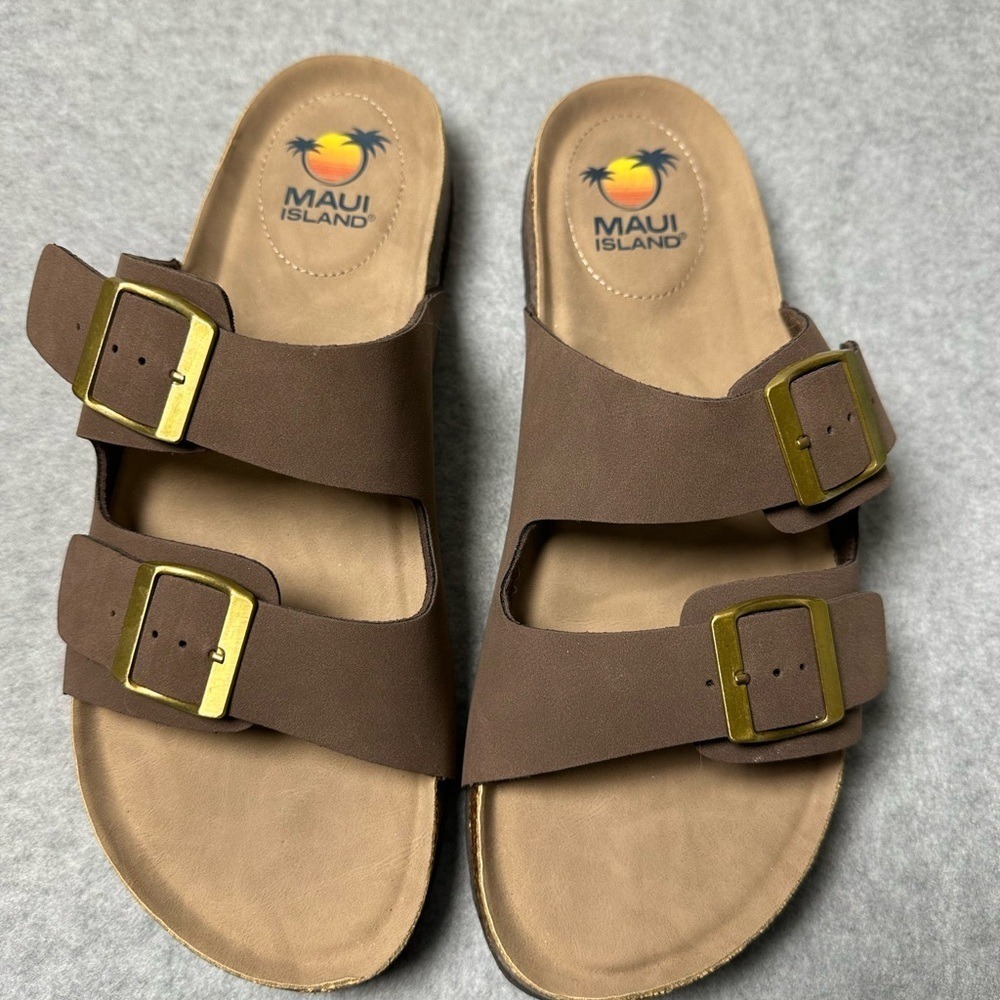 Maui Island Women Brown Double Strap Buckle Cork Footbed‎ Sandals Size 12M